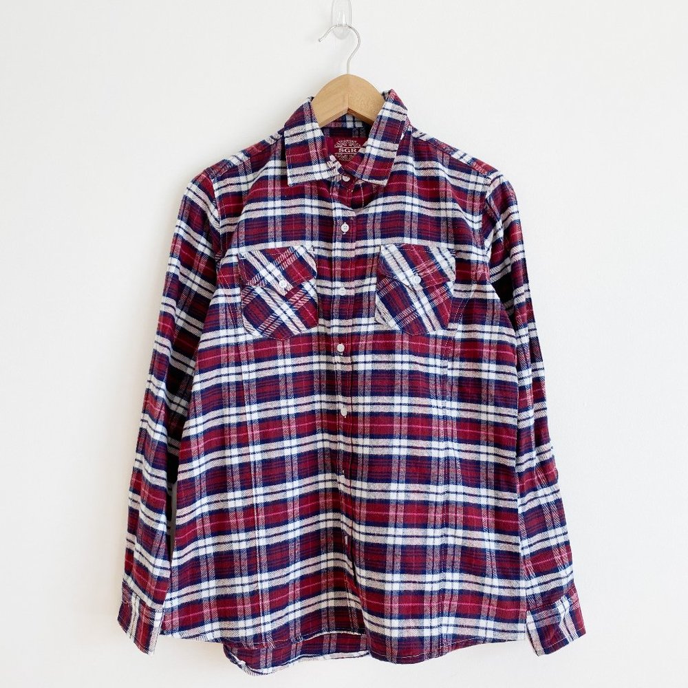 Women's Flannel Princess Seam With Roll Tab Shirt, Red/Blue Plaid, Size Small